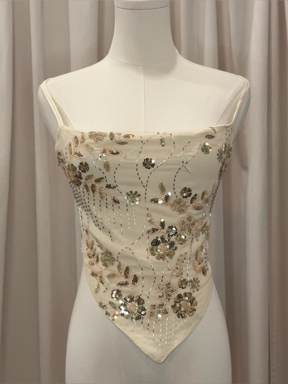 Ivory Beaded Sequin Floral Scarf Top Lace-Up Open Back